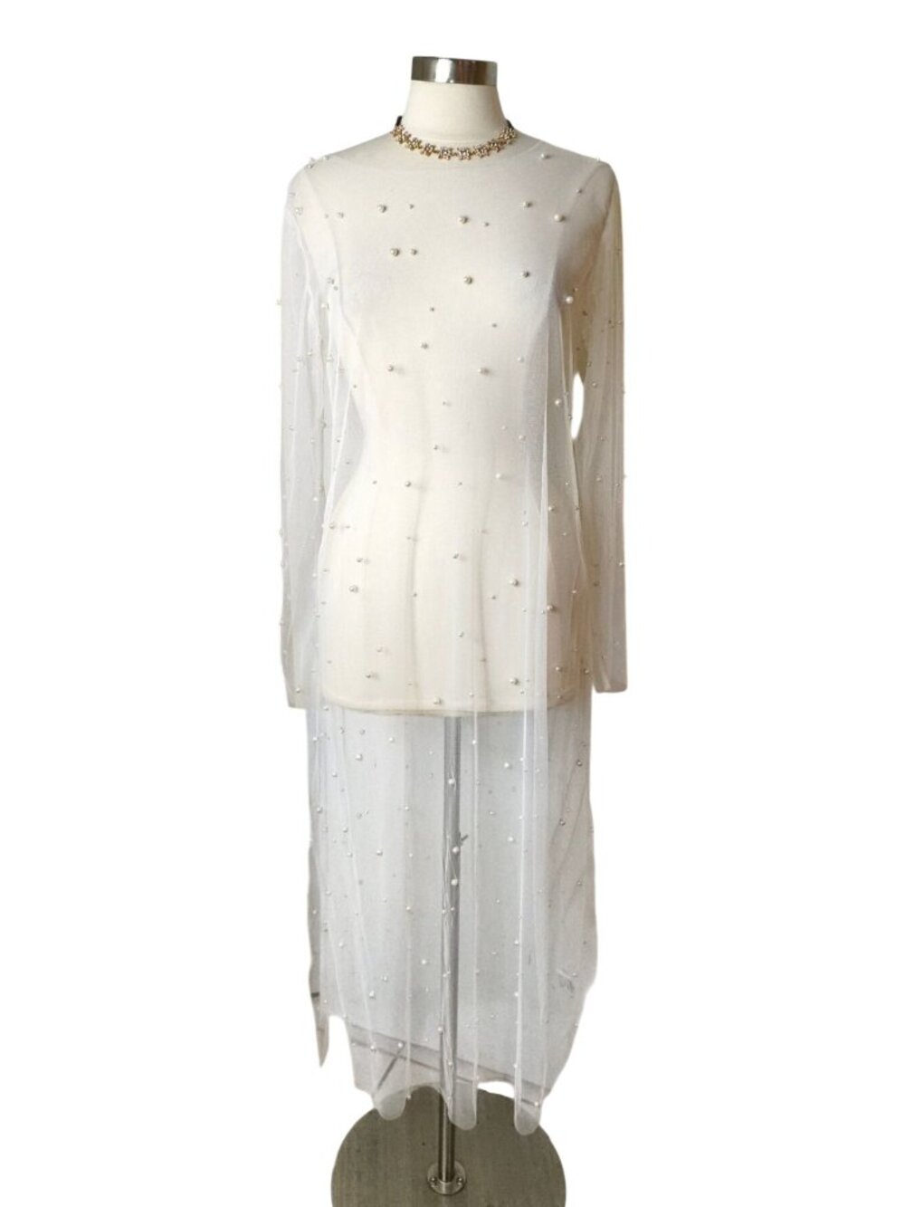 GeeGee Pearl-Embellished L Long Sleeve Bridal Cape Sheer Overlay Gown Elegant Wh